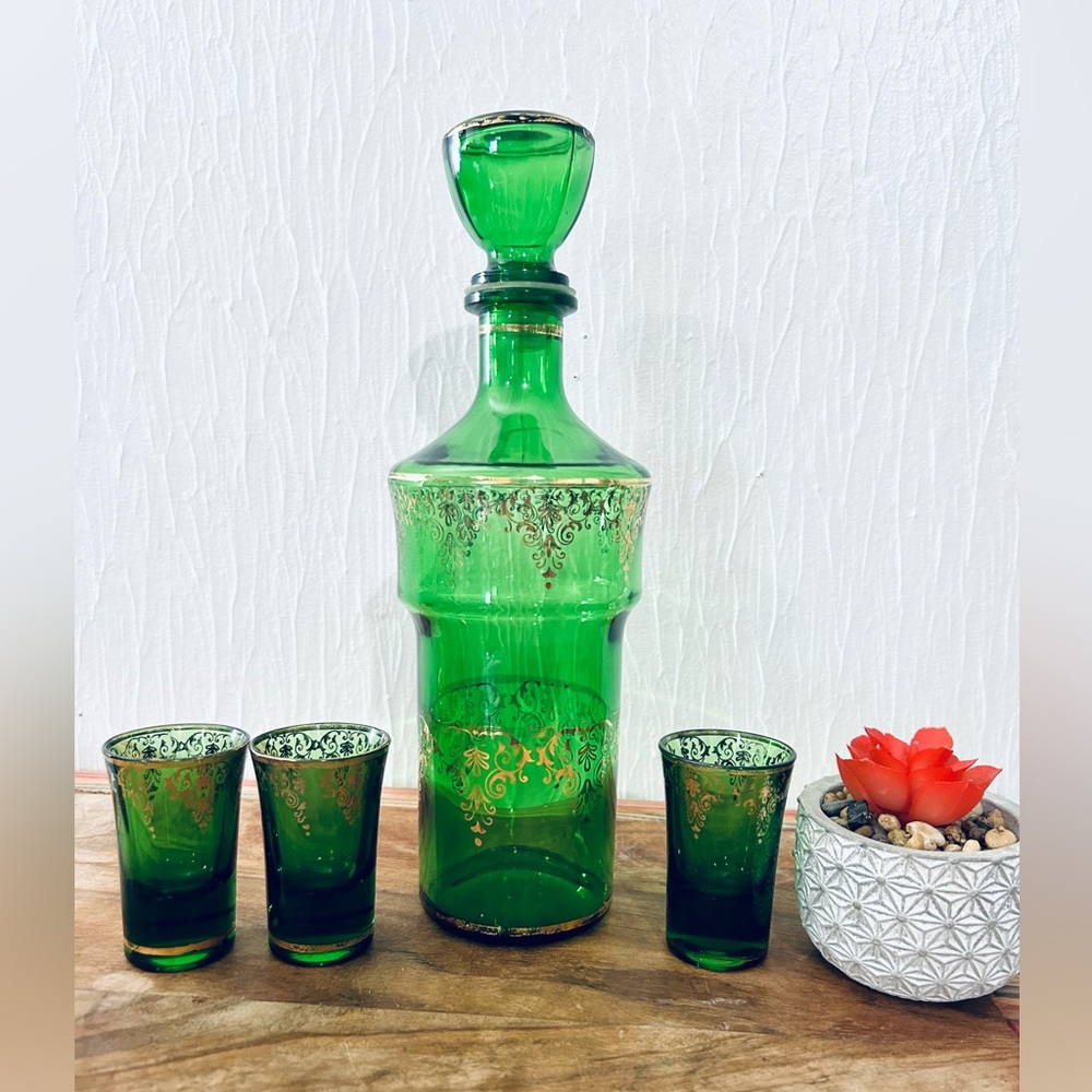 Mid century, green glass decanter set Blown Glass with 22k Gold